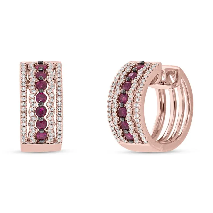 0.46ct Diamond & 0.75ct Ruby 14k Rose Gold Huggie Earring