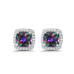 10k White Gold Plated 1/2 Ct Created Halo Princess Cut Mystic Topaz Stud Earrings