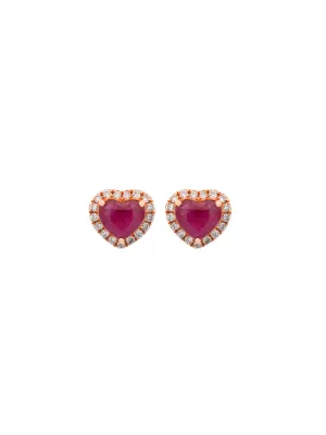 1.22ct Diamond Ruby 18K Gold Halo Heart Stud Earrings