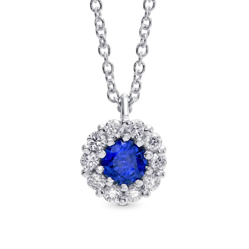 14CT White Gold Sapphire & Diamond Halo Pendant