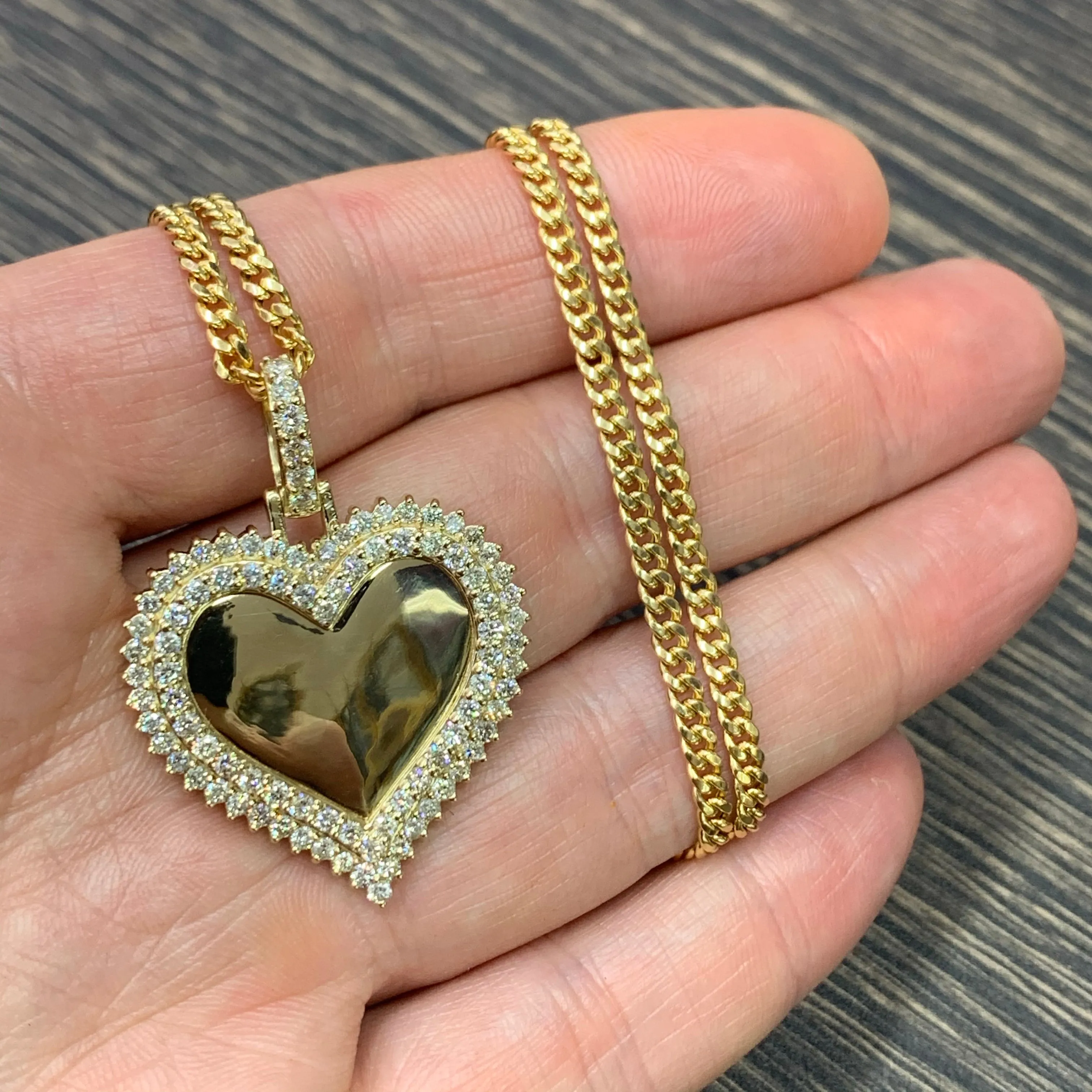 14k Gold Heart Shape Memory Picture Diamond Pendant and Gold Cuban Link Chain Set