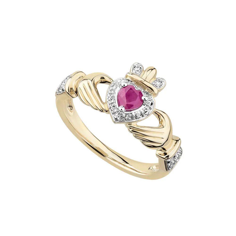 14k Gold Ruby & Diamond Claddagh Ring