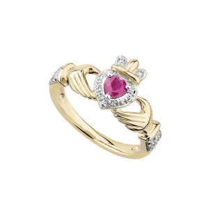 14k Gold Ruby & Diamond Claddagh Ring