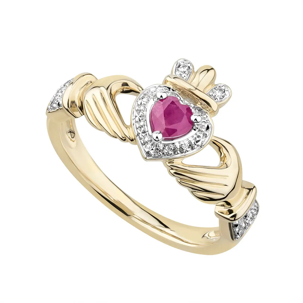 14k Gold Ruby & Diamond Claddagh Ring