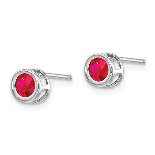 14k White Gold 4mm Round Ruby Bezel Set Earrings