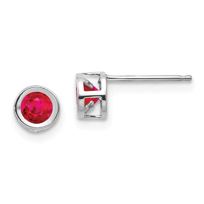 14k White Gold 4mm Round Ruby Bezel Set Earrings