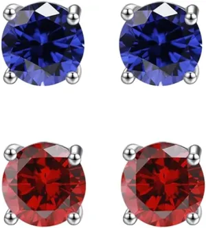 14k White Gold Plated 1/2Ct Created Blue sapphire and  Ruby 2 Pair Round Stud Earrings