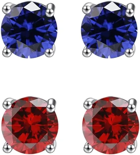 14k White Gold Plated 1/2Ct Created Blue sapphire and  Ruby 2 Pair Round Stud Earrings