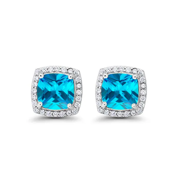 14k White Gold Plated 3 Ct Created Halo Princess Cut Blue Topaz Stud Earrings