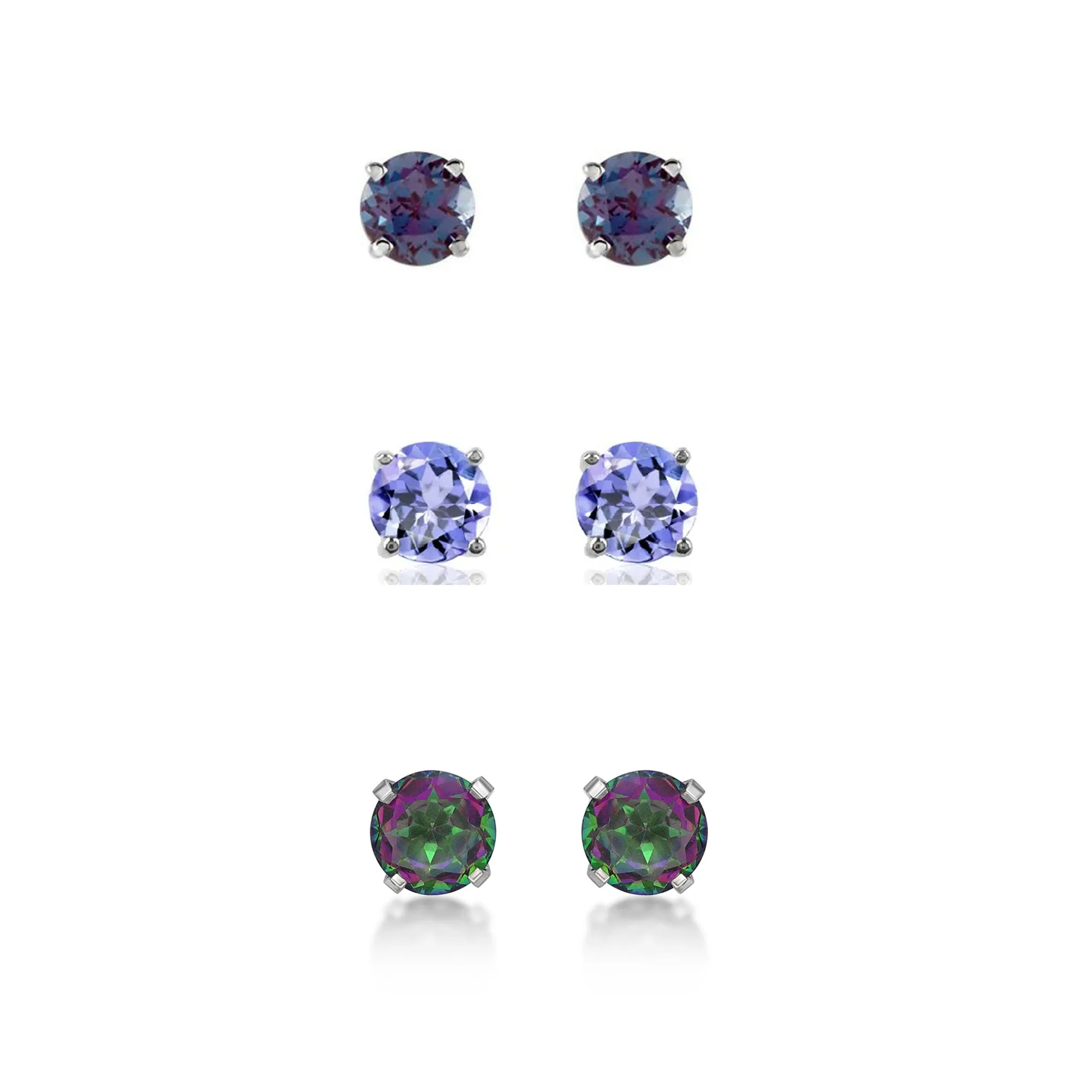 14k White Gold Plated 3Ct Created Alexandrite, Tanzanite and Mystic Topaz 3 Pair Round Stud Earrings