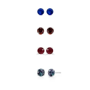 14k White Gold Plated 3Ct Created Blue Sapphire, Garnet, Ruby and Alexandrite 4 Pair Round Stud Earrings