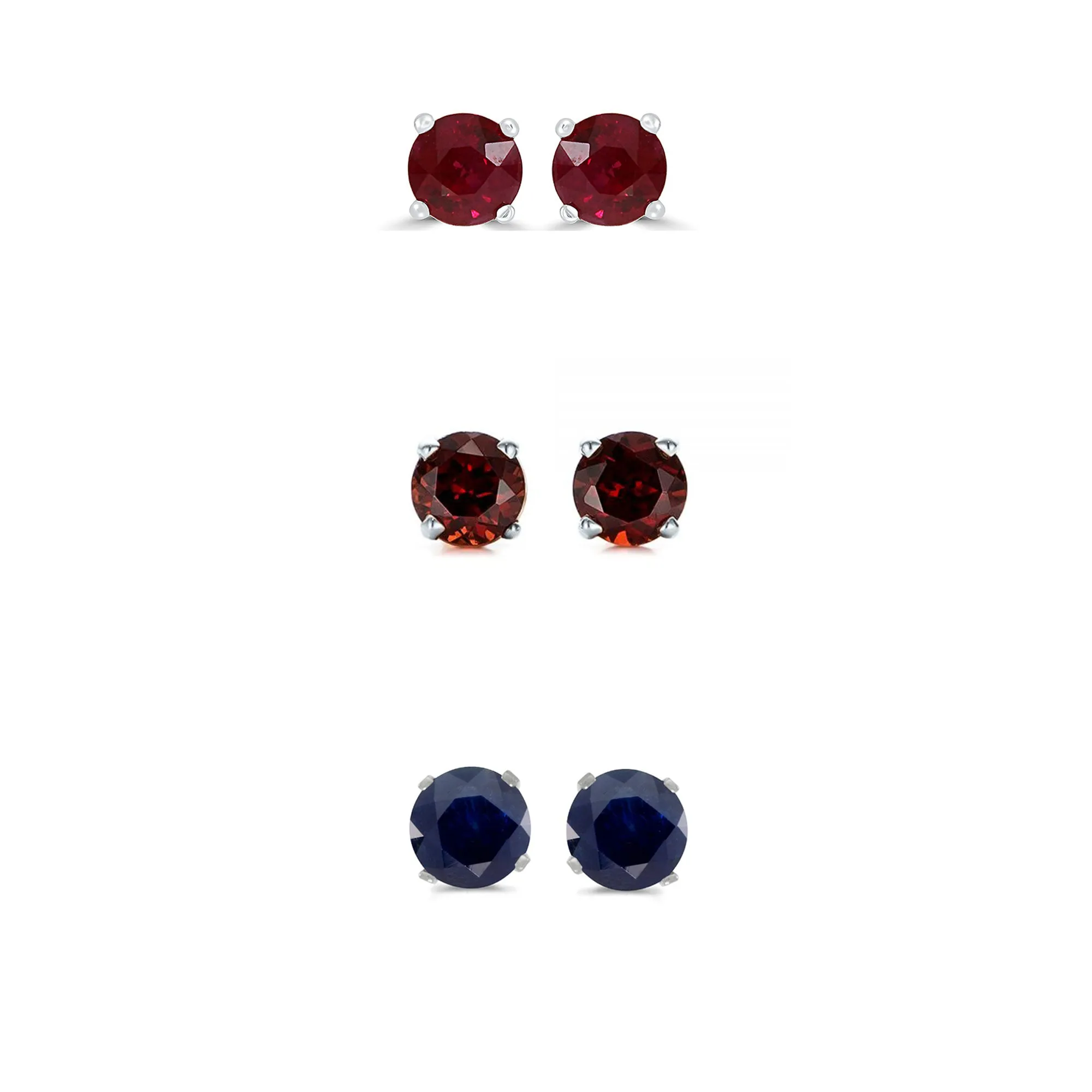 14k White Gold Plated 3Ct Created Ruby, Garnet and Black Sapphire 3 Pair Round Stud Earrings