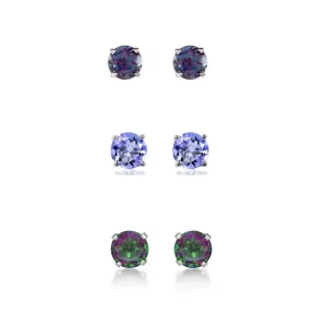 14k White Gold Plated1Ct Created Alexandrite, Tanzanite and Mystic Topaz 3 Pair Round Stud Earrings