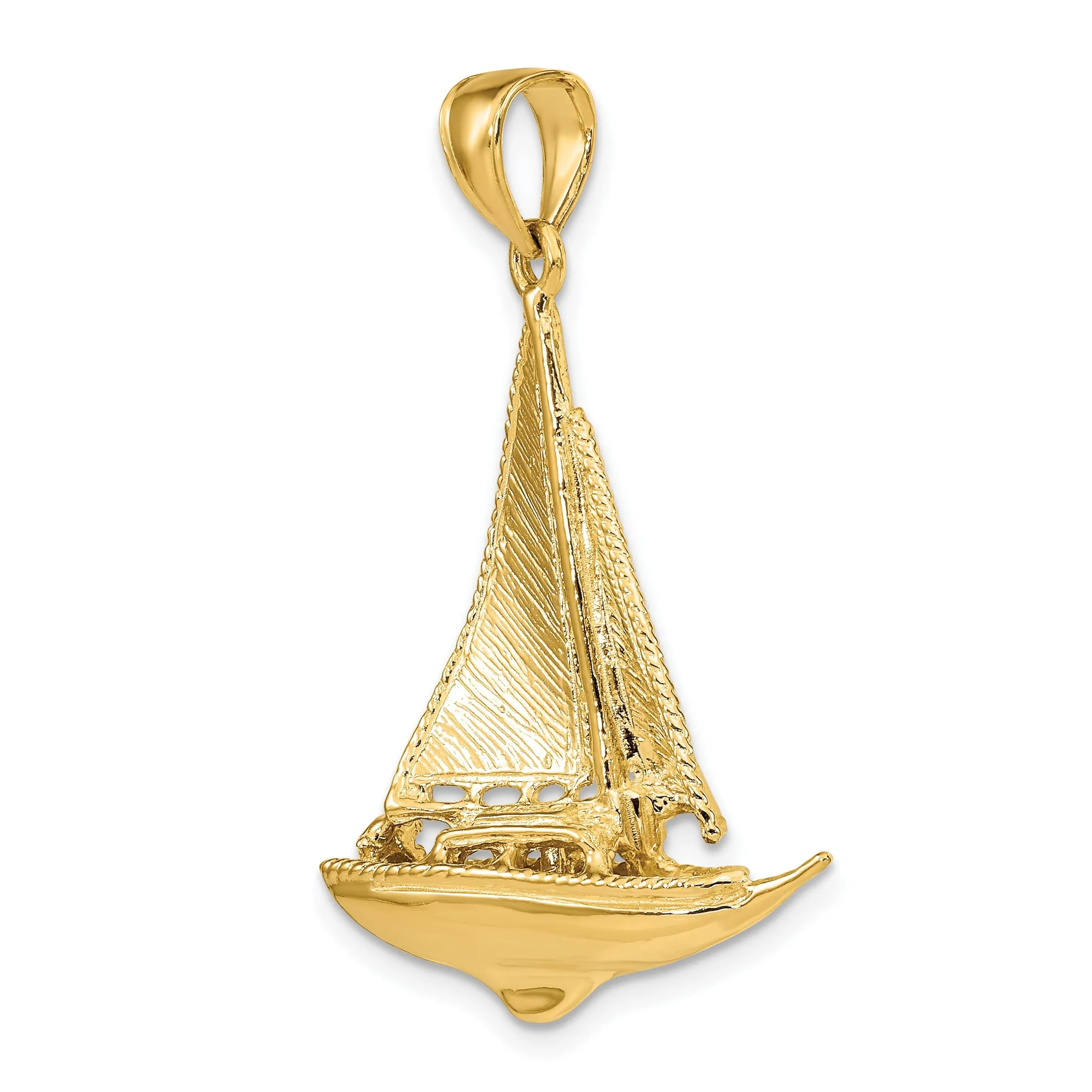 14K Yellow Gold 3-Dimensional Polished Textured Finished Sailboat Design Charm Pendant