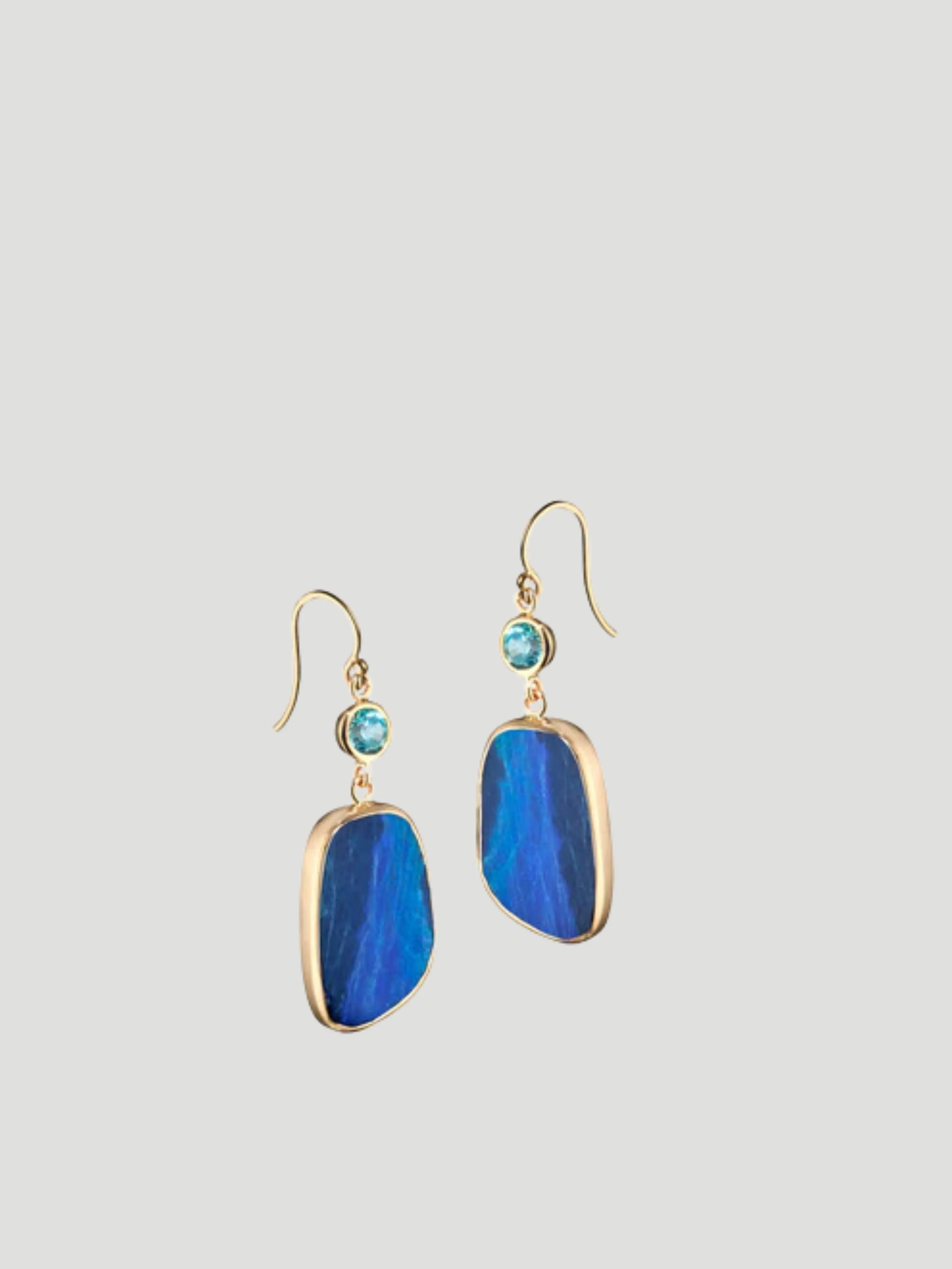 14k Yellow Gold Australian Opal &amp; Blue Zircon Earrings