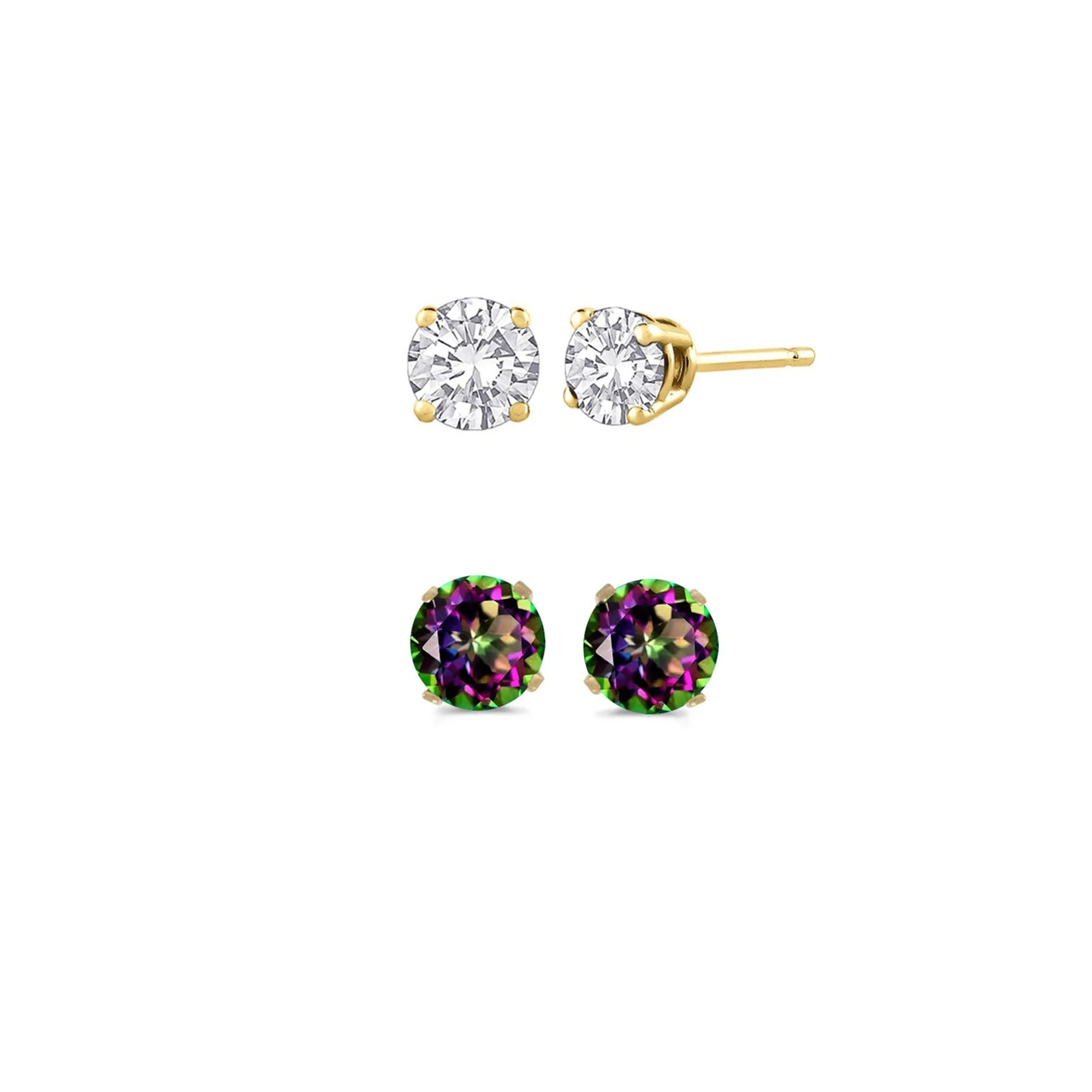 14k Yellow Gold Plated 1/2Ct Created White Sapphire and Mystic Topaz 2 Pair Round Stud Earrings