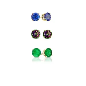 14k Yellow Gold Plated 1Ct Created Tanzanite, Mystic Topaz and Emerald 3 Pair Round Stud Earrings