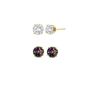 14k Yellow Gold Plated 3Ct Created White Sapphire and Mystic Topaz 2 Pair Round Stud Earrings