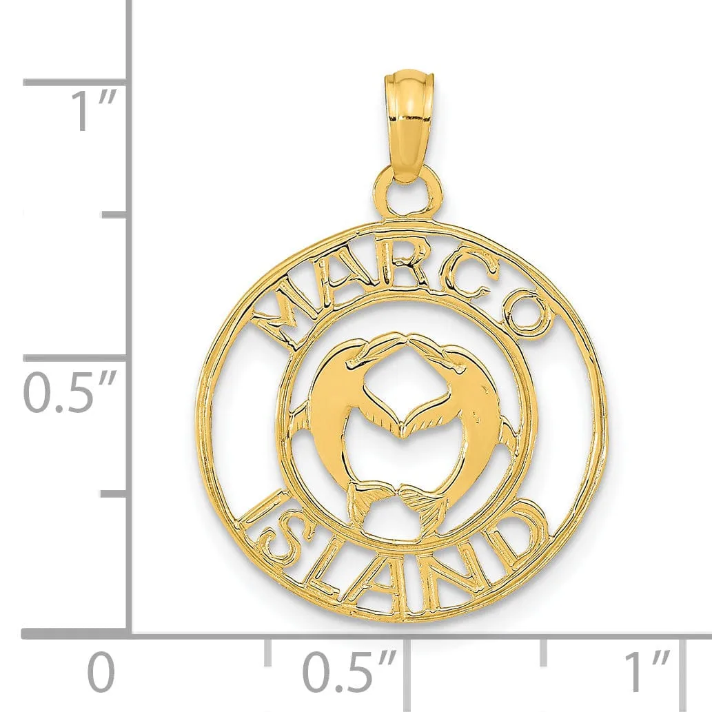 14K Yellow Gold Polished Finish MARCO ISLAND with Dolphins in Circle Design Charm Pendant