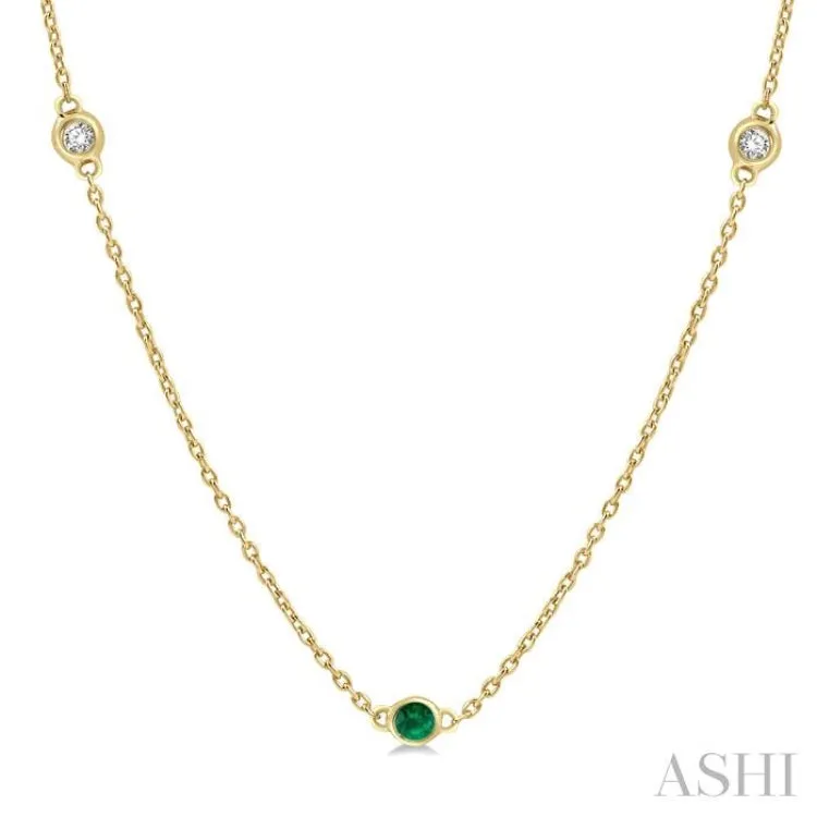 1/6 ctw Round Cut Diamond and 1.75MM Emerald Precious Station Necklace in 14K Yellow Gold