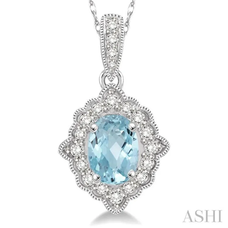 1/6 Ctw Round Cut Diamond and Ethnic Oval Cut 6x4 MM Aquamarine Semi Precious Pendant in 10K White Gold with chain