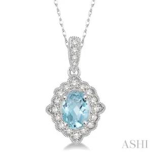 1/6 Ctw Round Cut Diamond and Ethnic Oval Cut 6x4 MM Aquamarine Semi Precious Pendant in 10K White Gold with chain