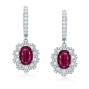 18K Gold Ruby And Diamond Halo Drop Earrings