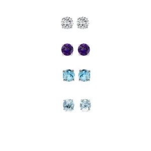 18k White Gold Plated 1/2Ct Created White Sapphire, Amethyst, Blue Topaz and Aquamarine 4 Pair Round Stud Earrings