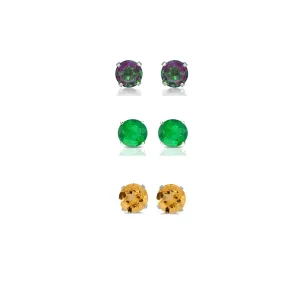 18k White Gold Plated 2Ct Created Mystic Topaz, Emerald and Citrine 3 Pair Round Stud Earrings