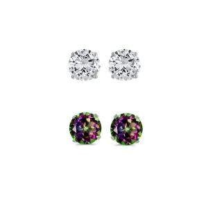 18k White Gold Plated 2Ct Created White Sapphire and Mystic Topaz 2 Pair Round Stud Earrings