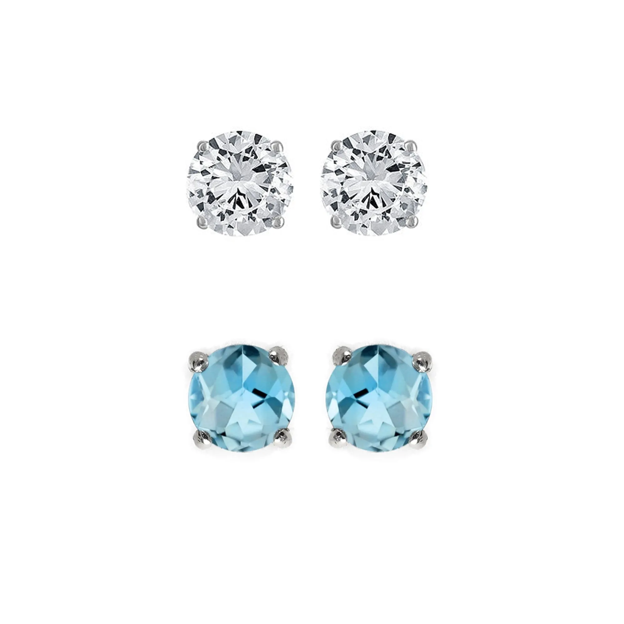 18k White Gold Plated 3Ct Created White Sapphire and Blue Topaz 2 Pair Round Stud Earrings