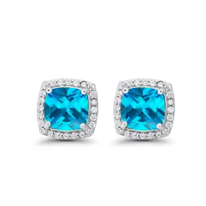 18k White Gold Plated 4 Ct Created Halo Princess Cut Blue Topaz Stud Earrings