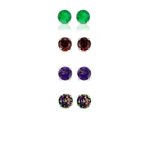 18k White Gold Plated 4Ct Created Emerald, Garnet, Amethyst and Mystic Topaz 4 Pair Round Stud Earrings