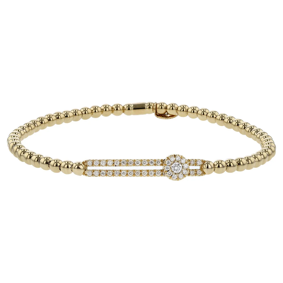 18k Yellow Gold 45 Full Cut Diamonds = 0.25 carats (G/VS-SI) Double Pave Bar with 1 Round Diamond Station, 3mm Bead Stretch Bracelet