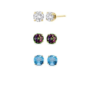 18k Yellow Gold Plated 2Ct Created White Sapphire, Mystic Topaz and Blue Topaz 3 Pair Round Stud Earrings