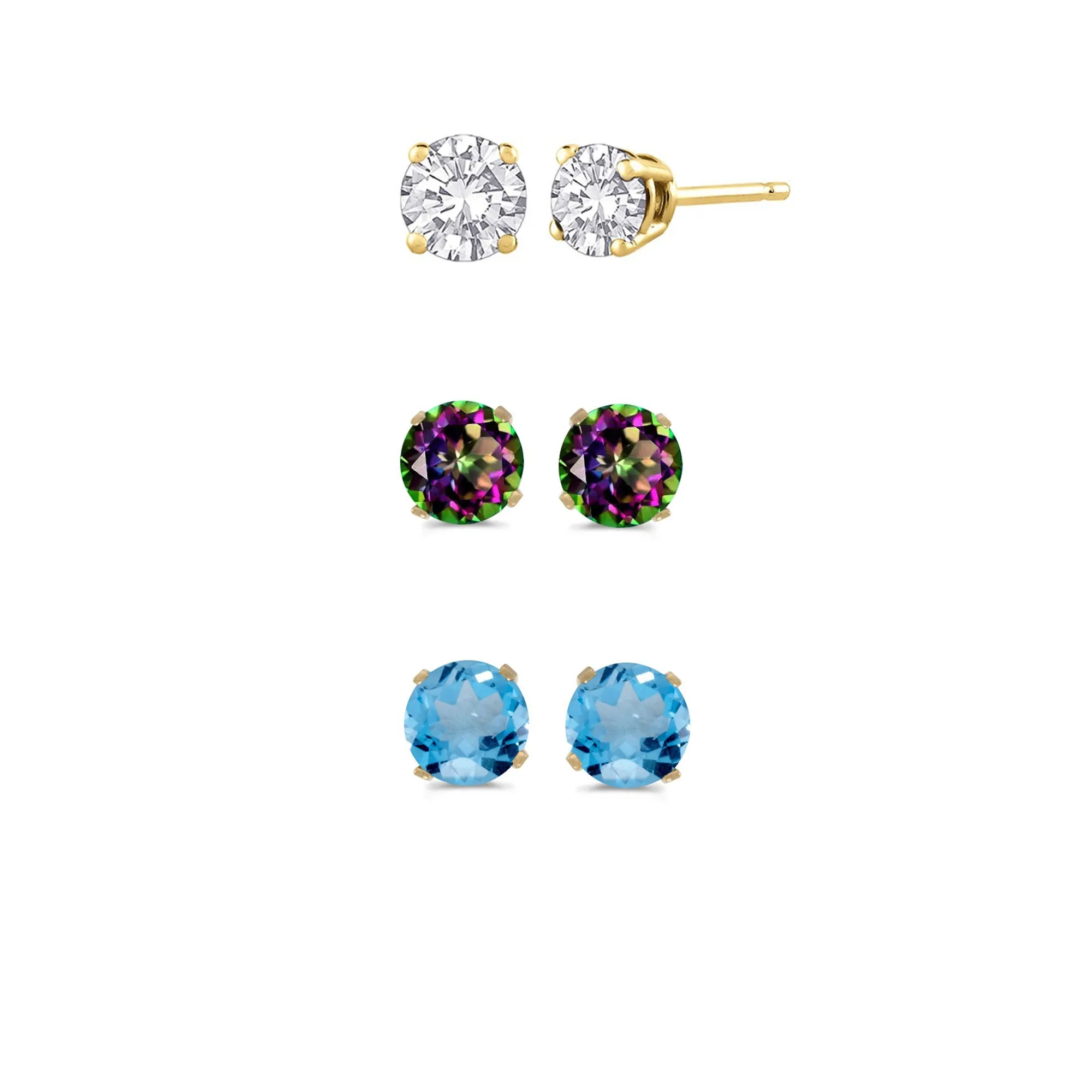 18k Yellow Gold Plated 2Ct Created White Sapphire, Mystic Topaz and Blue Topaz 3 Pair Round Stud Earrings