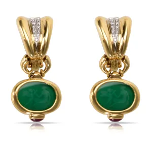 18KT Yellow Gold Ruby and Carved Green Stone Earrings with Diamond Accents