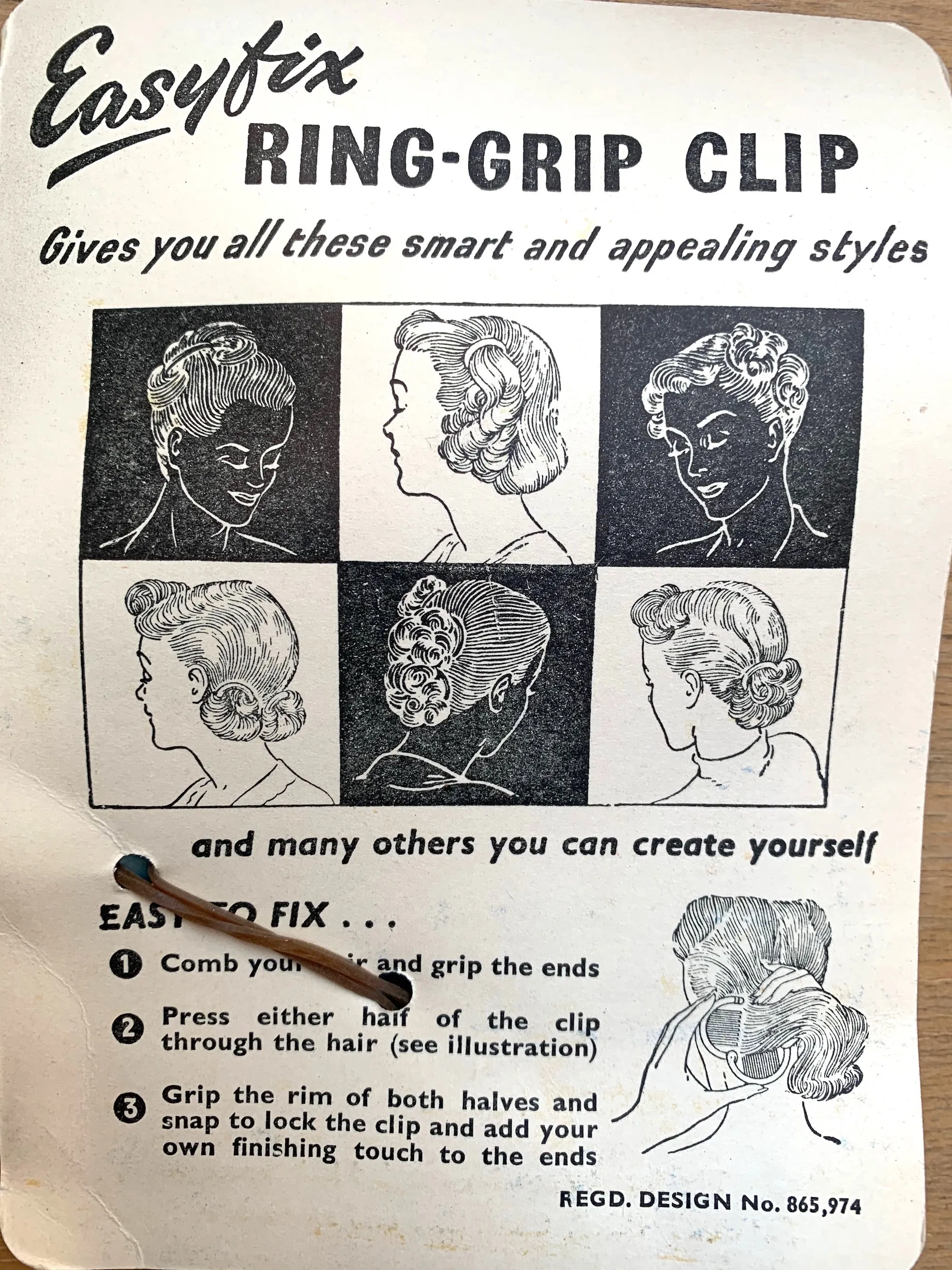 1940s Easyfix Ring-Grip Clip "for the Latest Hair Styles..Pony Tails, Chignons.."