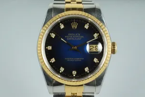 1988 Rolex Two Tone DateJust 16233 Factory Blue Vignette Diamond Dial with Box and Papers