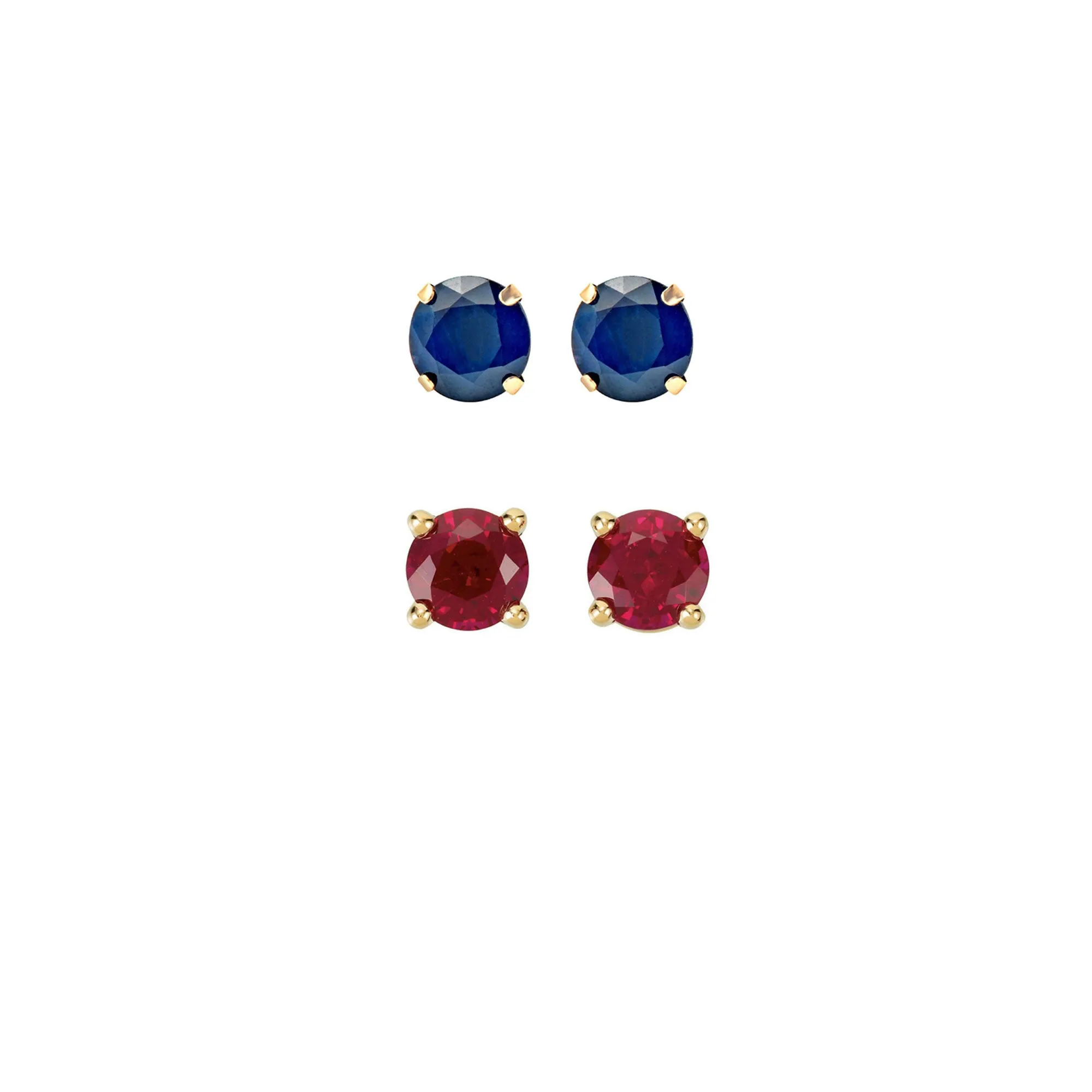 24k Yellow Gold Plated 1/2Ct Created Blue sapphire and  Ruby 2 Pair Round Stud Earrings