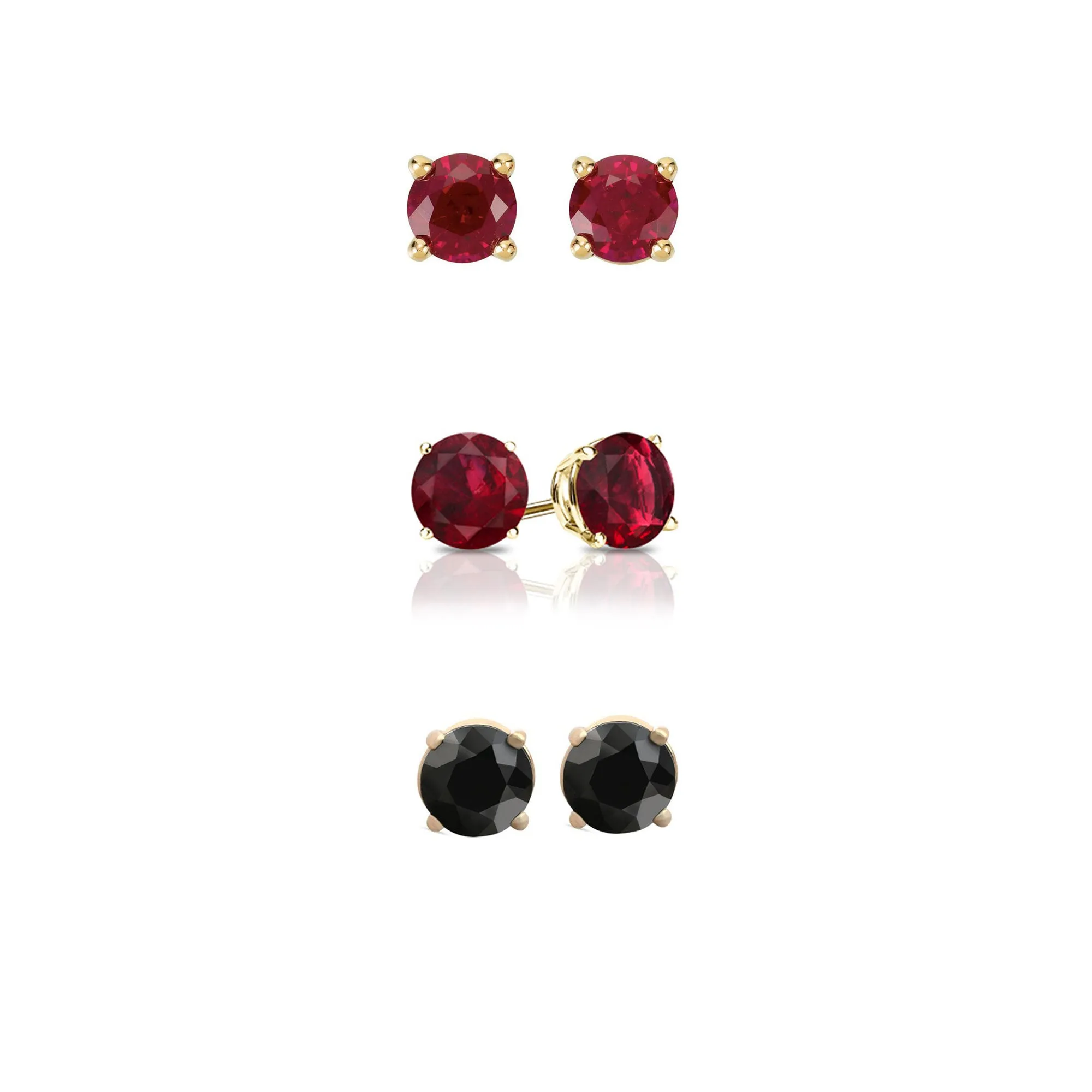 24k Yellow Gold Plated 4Ct Created Ruby, Garnet and Black Sapphire 3 Pair Round Stud Earrings