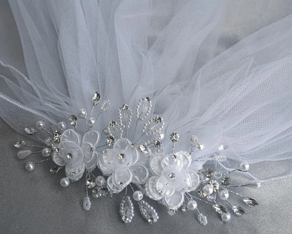 24" Veil - Organza & Corded flowers with rhinestones