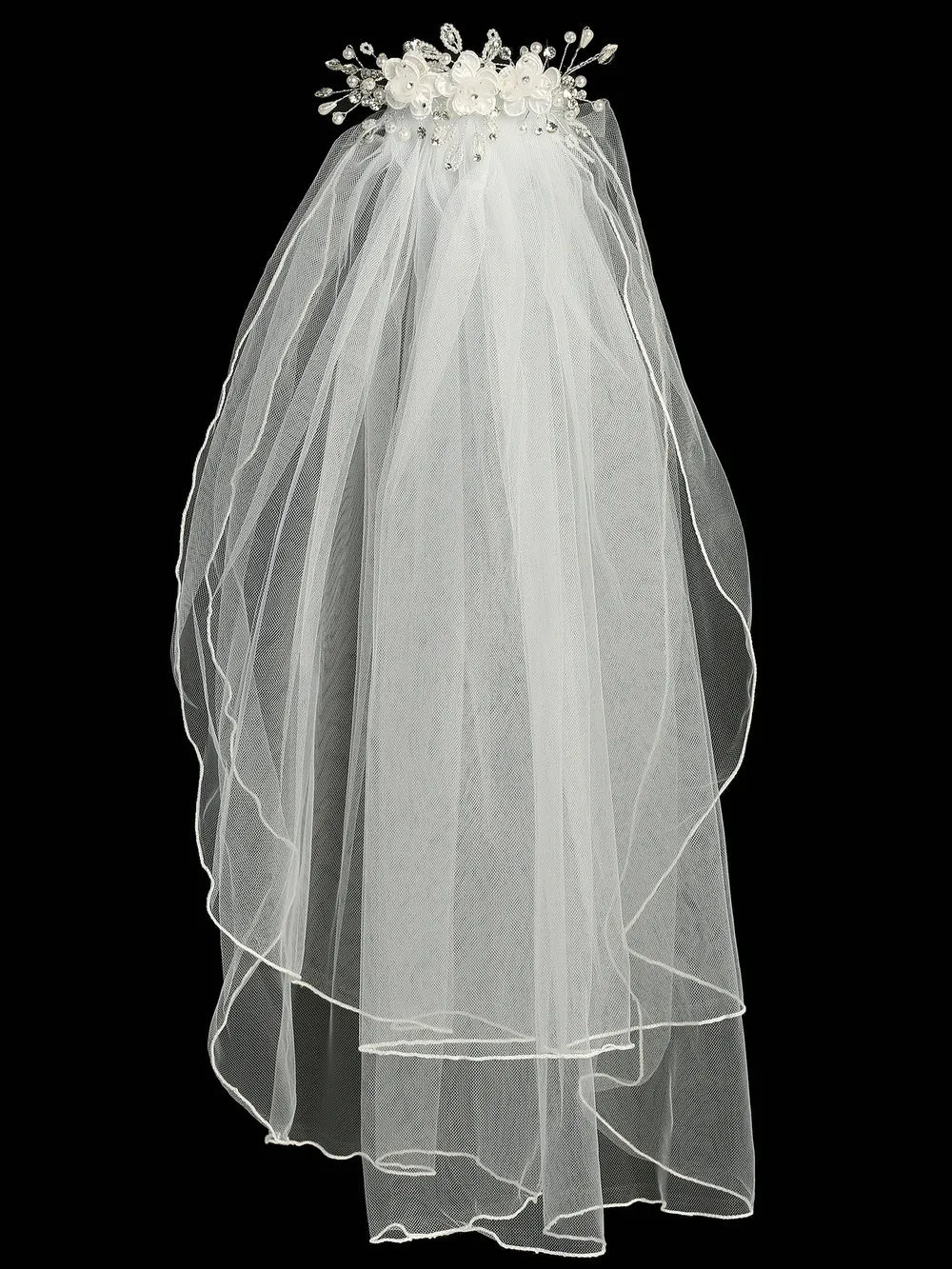 24" Veil - Organza & Corded flowers with rhinestones