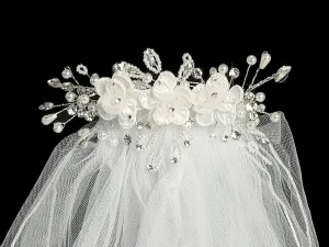 24" Veil - Organza & Corded flowers with rhinestones