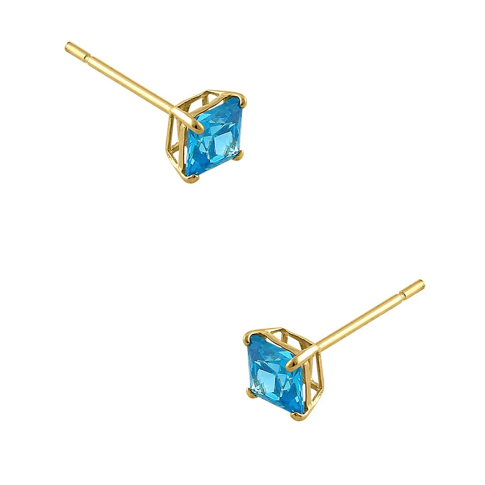 .36 ct Solid 14K Yellow Gold 3mm Princess Cut Blue Topaz CZ Earrings