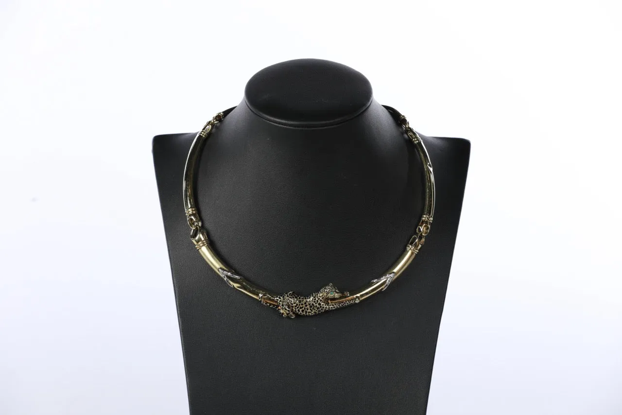 49g of 18K Yellow Gold - Leopard In A Tree Collar Necklace w Pave Diamond Accents & Emerald Eyes