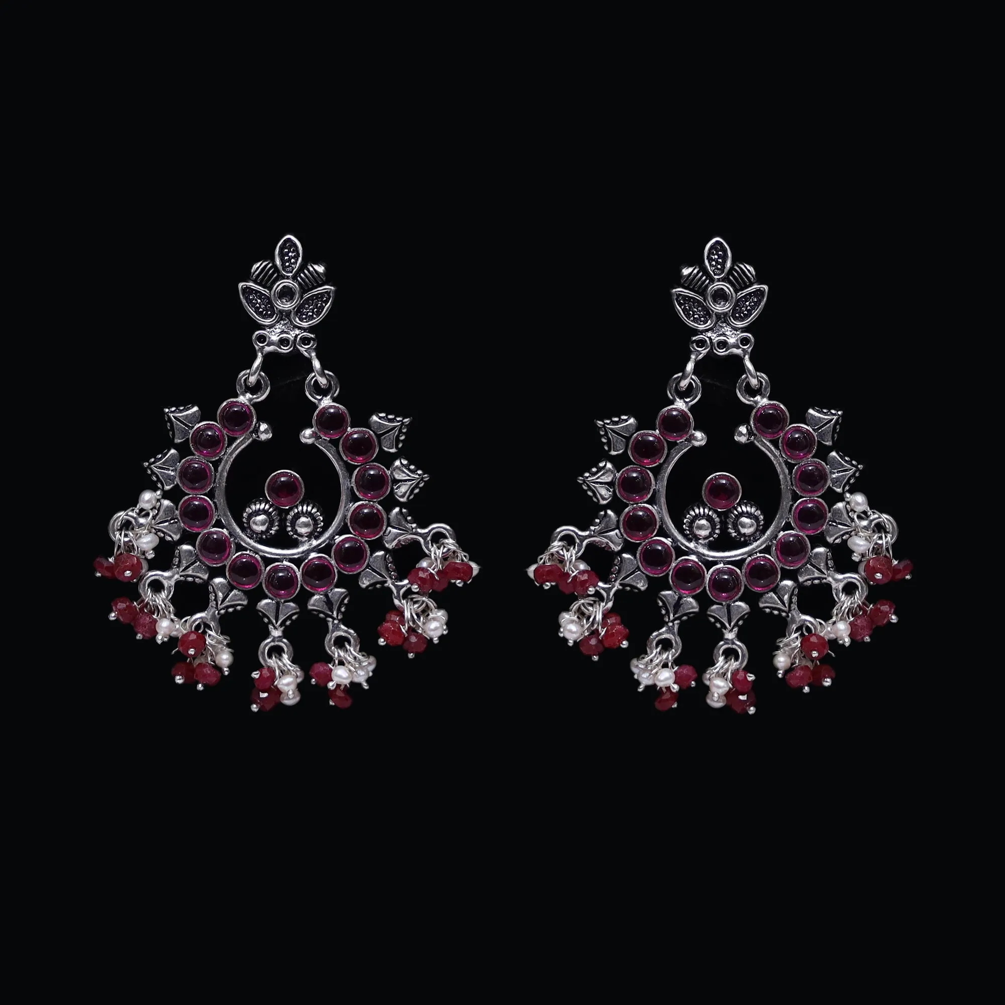 925 Silver Handmade Earring with Ruby Color and Fresh Water Pearl Hanging