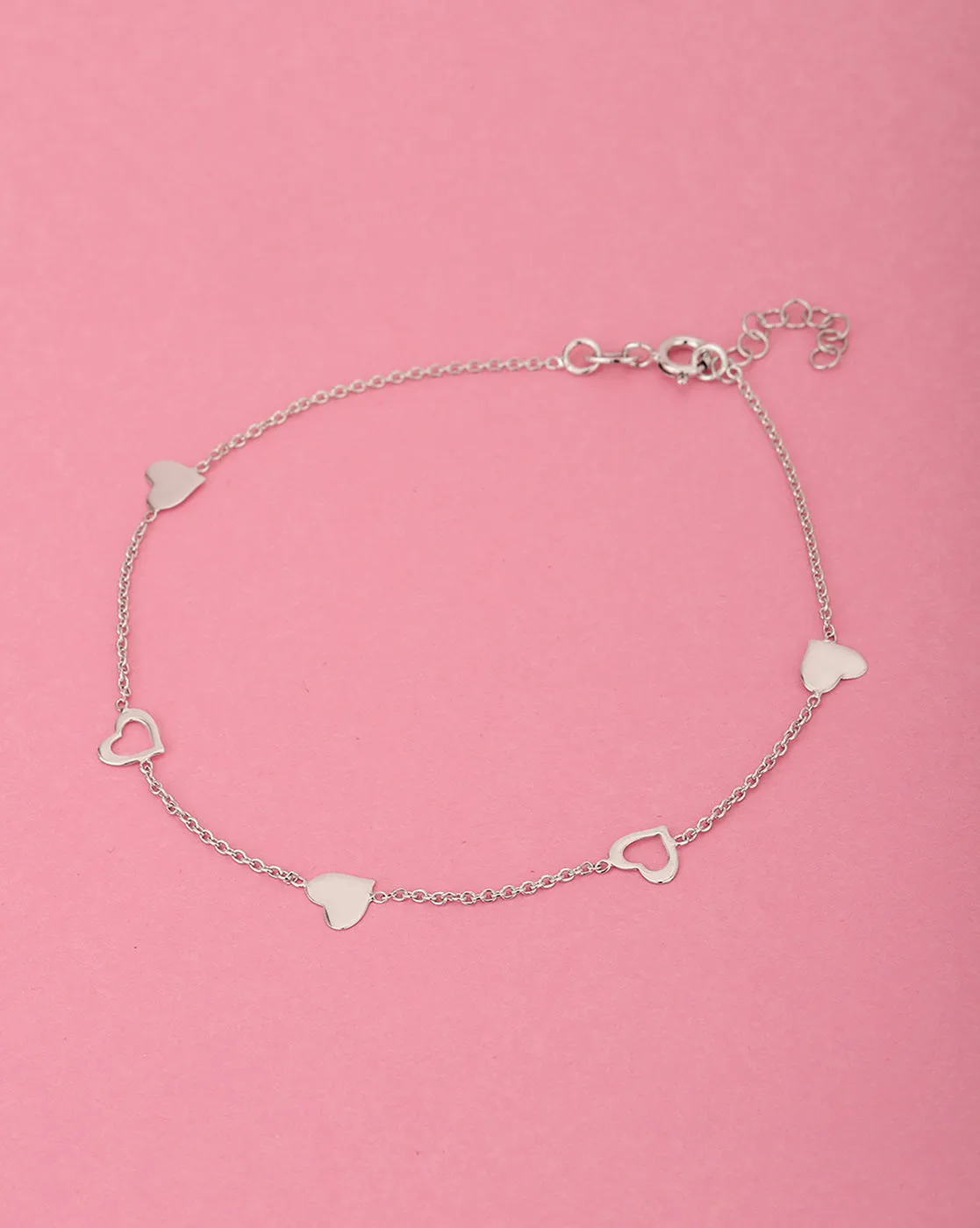 925 Sterling Silver Inline Heart With Rhodium Plated Adjustable Anklet