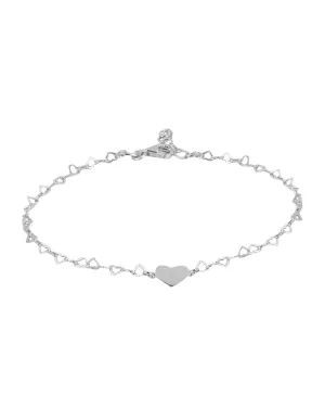 925 Sterling Silver Inline Hearts With Rhodium Plated Adjustable Anklet