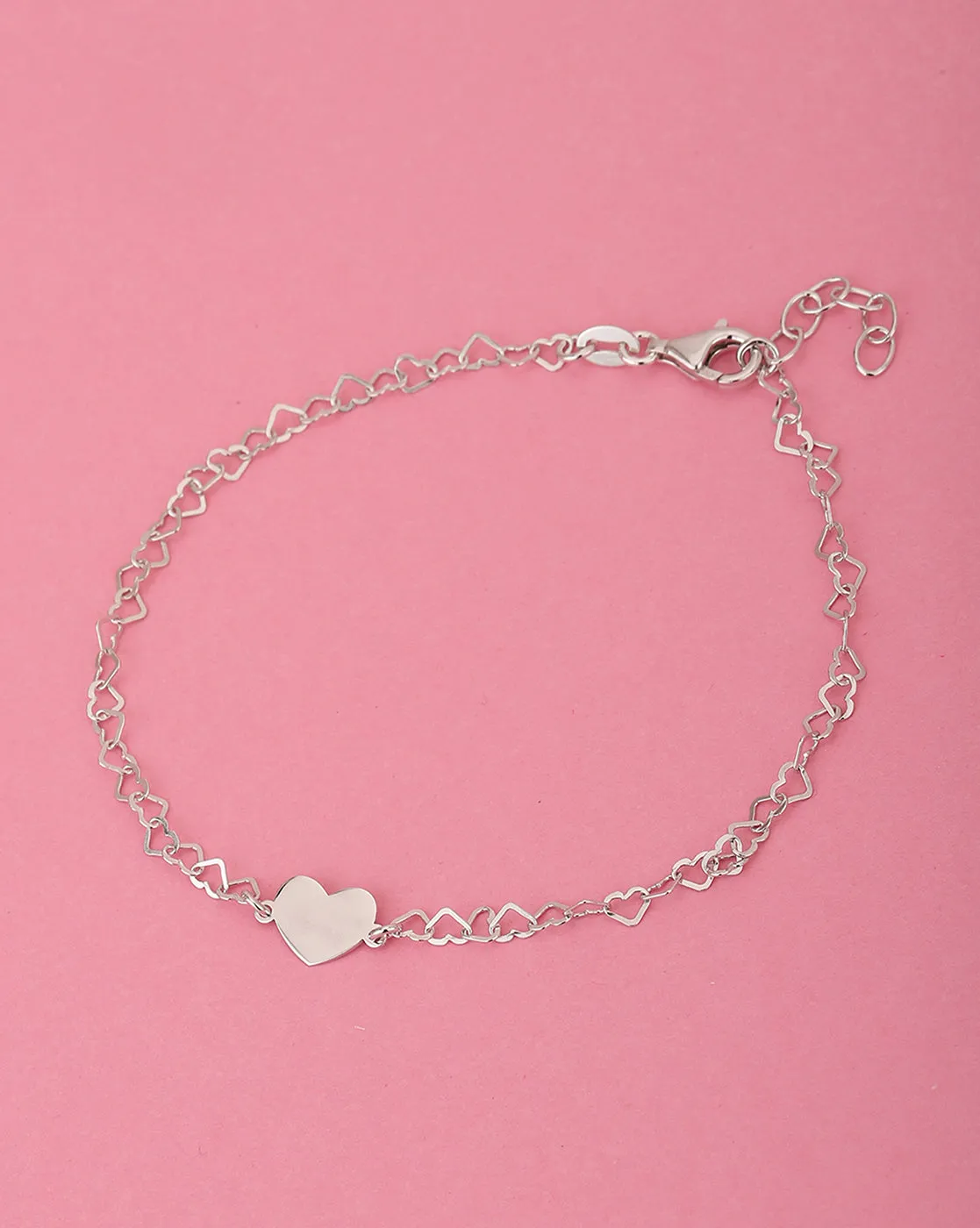 925 Sterling Silver Inline Hearts With Rhodium Plated Adjustable Anklet